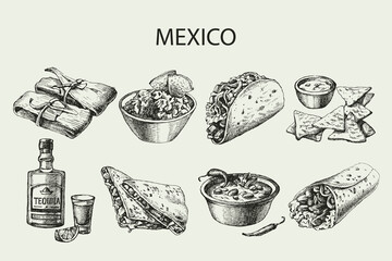 Mexican traditional food. Hand drawn sketch vector illustration. Vintage Mexico cuisine set - obrazy, fototapety, plakaty