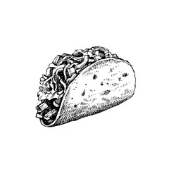 Mexican traditional food background with tacos. Hand drawn sketch vector illustration.