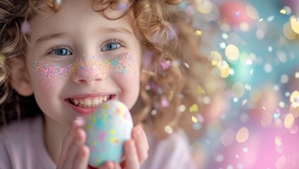 Fototapeta na wymiar Little girl with Easter egg amidst colourful bokeh