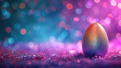 Colorful Easter egg shines on a glittery surface under vibrant lights