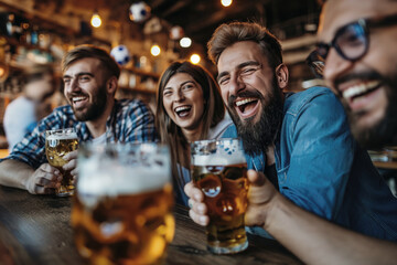 Four friends with beer glasses at a bar looking happy at soccer games - obrazy, fototapety, plakaty