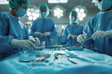 doctor and nurse medical team are performing surgical operation at emergency room in hospital, assistant hands out scissor and instruments to surgeons during operation - obrazy, fototapety, plakaty