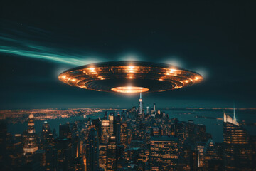 Gigantic UFO Glowing Over City Night Sky
