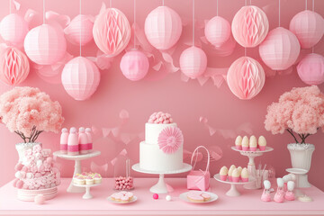 Pink decor for birthday with balloons and cake