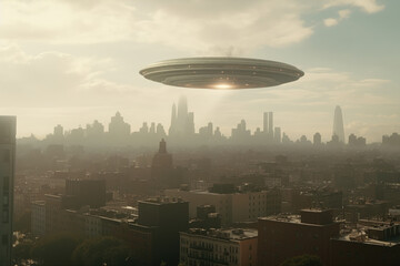 Fototapeta na wymiar UFO Sighting Over Urban Cityscape in Daylight