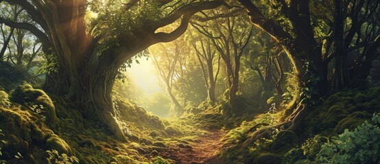 Fairytale Forest With Green Trees and Mystic Lighting, Generative AI