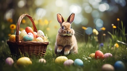 Fluffy bunny sitting on grass, basket with easter eggs. Beautiful holiday card, Easter bunny, eggs painted in different colors, space for copy, text and advertising
