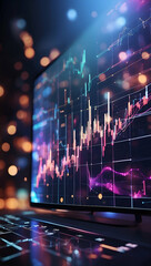 Visual hologram of financial and investment charts on dark blurred background. Portrait background for finance and investment