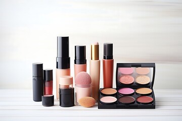 Makeup brushes and cosmetics on the table. Makeup background.