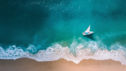 Top down view of tropical beach waves engulfing the sand