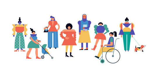 Fototapeta premium Group of women, community, family or neighborhood standing together. International Women's Day. Characters in geometric fun modern style. Colorful concept design