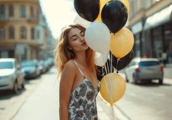 Young Woman with Balloons on City Street - obrazy, fototapety, plakaty