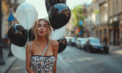 Joyful Young Lady in Summer Dress with Balloons - obrazy, fototapety, plakaty