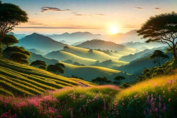 A serene environment around Doi Pha Tang mountain in Chiangrai, Thailand, with rolling hills and scattered wildflowers, the mood characterized by a gentle breeze and the distant sound of nature