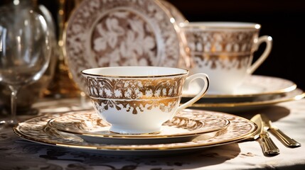 Obraz na płótnie Canvas an ornate dinner set featuring delicate patterns and intricate details, its opulence accentuated against the pure white background, evoking a sense of grandeur and luxury fit for a royal feast.
