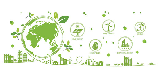 Renewable, green energy and save energy web banner. Ecology, Sustainable clean industrial factory, renewable energy sources and green electricity concept icons. Environment doodle flate design vector - obrazy, fototapety, plakaty