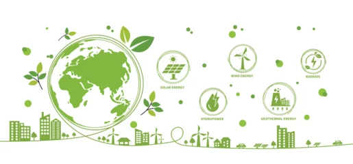 Foto op Aluminium Renewable, green energy and save energy web banner. Ecology, Sustainable clean industrial factory, renewable energy sources and green electricity concept icons. Environment doodle flate design vector © Deemerwha