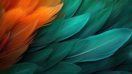 Beautiful green color trends feather texture background with orange light