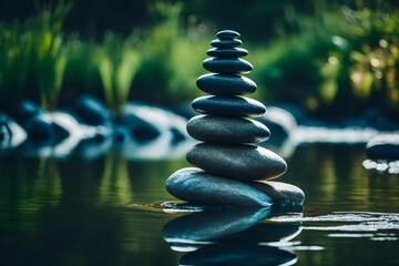 zen stones in water in forest