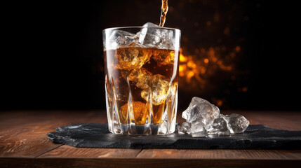 A refreshing glass of cola with ice cubes splashing around, captured in a dynamic and chilled setting.
