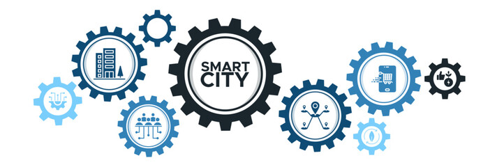 Smart city banner web icon vector illustration concept with icon of technology, urban, connection, mobility, shopping, environment and sustainable - obrazy, fototapety, plakaty