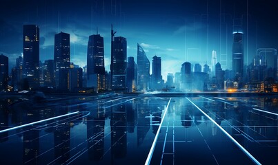 Abstract city background with glowing lights and digital interface