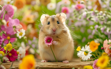 Adorable Hamster Surrounded by Spring Flowers