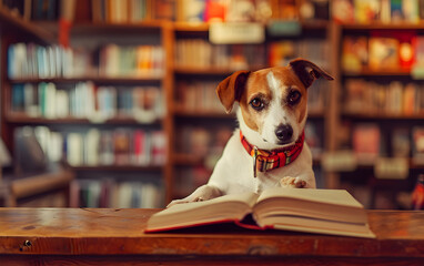Dog Sitting in a Book Section
