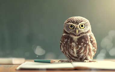 Wise Owl with Pencil color on Notebook