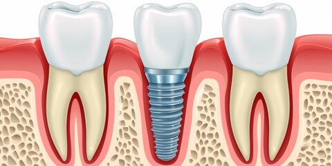 3D Anatomy of healthy teeth and tooth dental implant in human denturra - obrazy, fototapety, plakaty