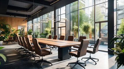 A spacious conference room with panoramic windows, a large solid wood table surrounded by...