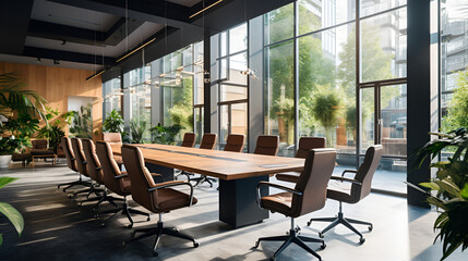 Fototapeta premium A spacious conference room with panoramic windows, a large solid wood table surrounded by comfortable leather chairs, modern sparkling chandeliers, decorative plants and professional sound equipment.