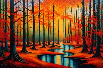A surreal depiction of a forest ablaze, fantastical colors dancing in the flames as if nature itself were a mythical creature, the surroundings distorted and dreamlike