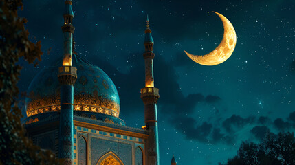 Ramadan Kareem" Background with Crescent, Stars, moon, and Glowing Clouds. Generative AI. 