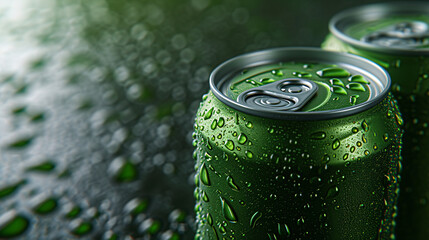 Green drink can with water drops. - obrazy, fototapety, plakaty