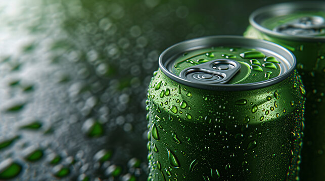 Green drink can with water drops.