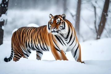 siberian tiger standing in white winter