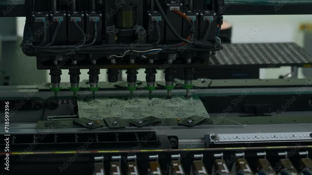 Poster automatic pick and lace machine is installing components on circuit board. creative. electronic devi