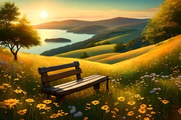 A poetic environment featuring an aged wooden bench on a hill, surrounded by a sea of wildflowers, a gentle breeze rustling the grass, and a panoramic view of a verdant valley - obrazy, fototapety, plakaty