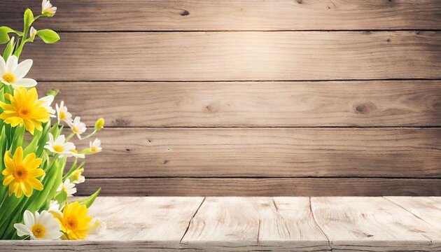 Abstract spring or summer with sunlight background and wood table easter concept