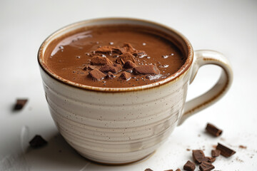 Gros plan d'un tasse de chocolat chaud en céramique, chocolat à l'ancienne de qualité, liquoreux et savoureux au goût - obrazy, fototapety, plakaty