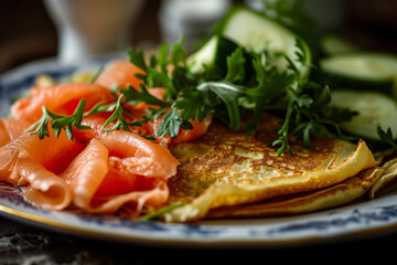 Pancakes with salted salmon, cucumber, greens and curd cheese, close-up - obrazy, fototapety, plakaty
