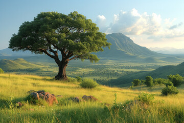 Paysage de savane africaine, herbes hautes jaunes face au désert, aux plaines et aux montagnes au loin