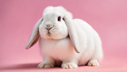 Front view of white cute baby holland lop rabbit standing in corner on pink background, copy space. Lovely action of young rabbit easter concept