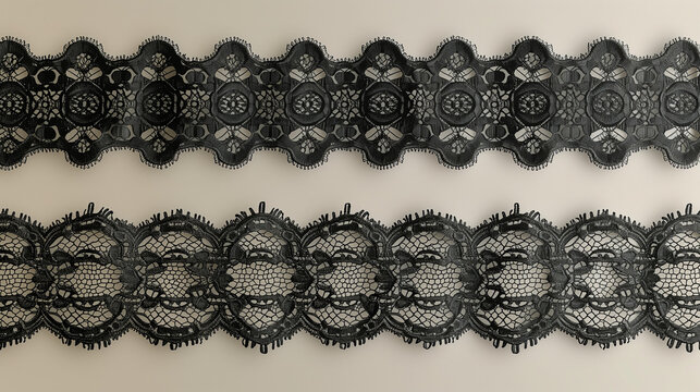Bandes de dentelle de Calais aux motifs variés de couleurs noire, seamless pattern