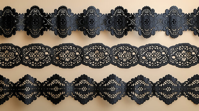 Bandes de dentelle de Calais aux motifs variés de couleurs noire, seamless pattern