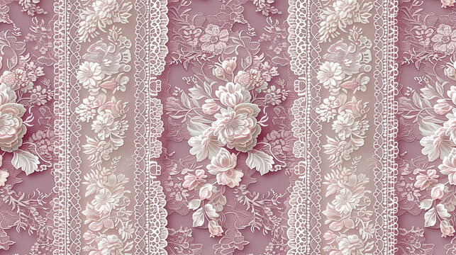 Bandes de dentelle de Calais aux motifs variés sur fond rose, inspiration baroque et Renaissance, seamless pattern