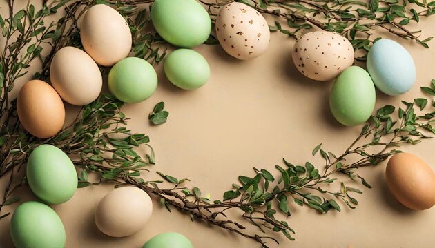 Composition with Easter eggs and green branches on beige background copy space 