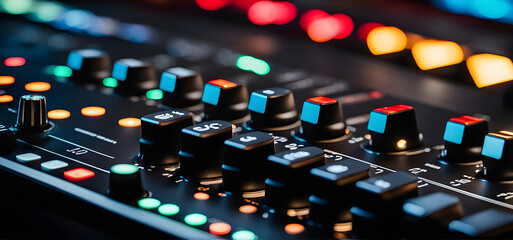 Professional Sound studio scene. Intricate audio equipment, Audio mixing console in a streaming.