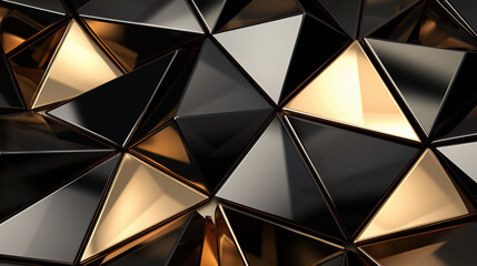 Abstract 3d rendering of chaotic polygonal background. Reflective surface with golden elements. 